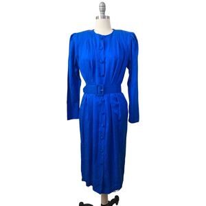 90's VTG Adrianna Papell Women's Dress Size 6 Silk Blue Belted Evening